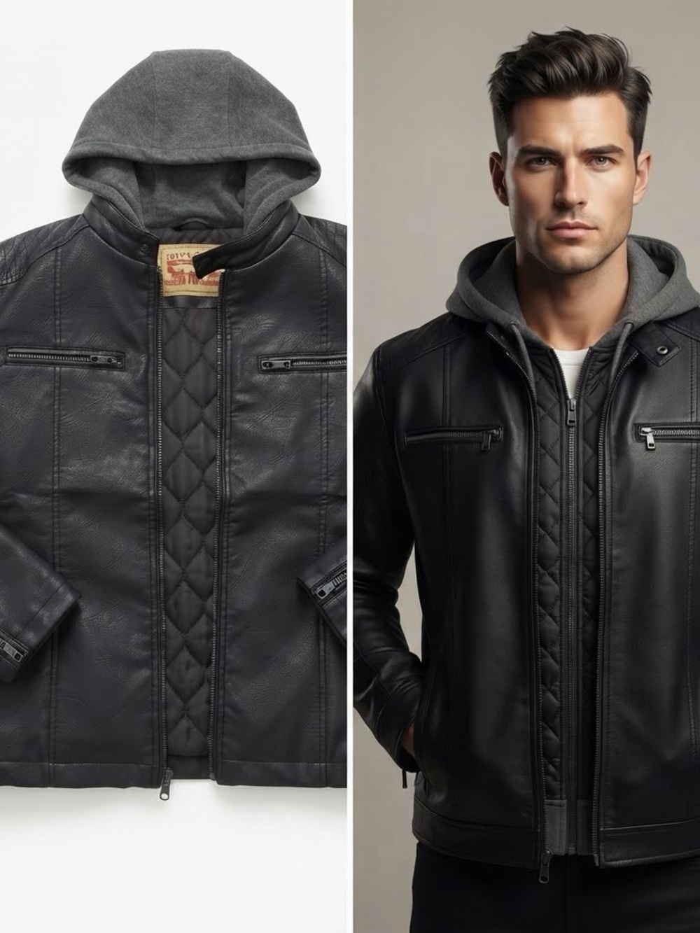 Levi's Black Leather Jacket with Gray Hooded Insert Small